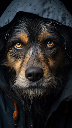 Homeless abandoned stray dog ââwith very sad smart eyes. Sad emotion illustration. Generative AI artの素材