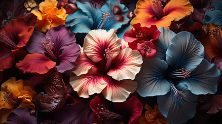 Colorful flower on dark tropical foliage nature background. Floral flower illustration. Generative AI artの素材