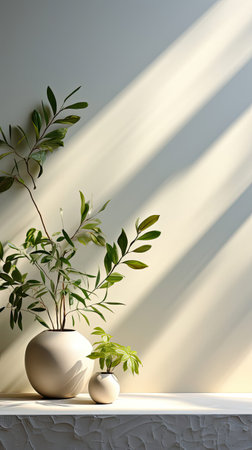 Leaves shadow background. Natural leaves tree branch shadows and sunlight dappled on white concrete wall texture for background wallpaper. Background with shadow. Generative AI artの素材