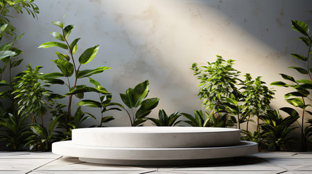 White Marble Table with Tree Shadow on Concrete Wall Texture Background, Suitable for Product Presentation Backdrop, Display, and Mock up. Background with shadow. Generative AI artの素材
