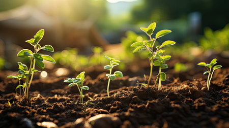 Agriculture plant seeding growing step concept in garden and sunlight. Agriculture plants illustration. Generative AI artの素材