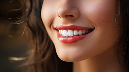 Closeup of smile with white healthy teeth. Smile emotion illustration. Generative AI artの素材