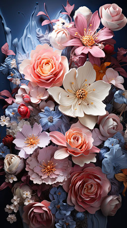 Floral vintage card with flowers. Peonies, tulips, lily, hydrangea on background. Floral flower illustration. Generative AI artの素材