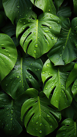 Green leaves of Monstera philodendron plant growing in wild, the tropical forest plant, evergreen vines abstract color on background. Agriculture plants illustration. Generative AI artの素材