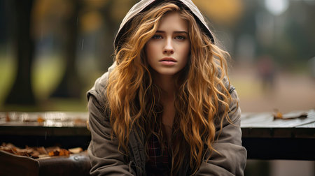 Sad tired young european lady in raincoat sits on bench, thinks, suffer from headache and migraine in park in autumn. Emotions, health care problems. Sad emotion illustration. Generative AI artの素材