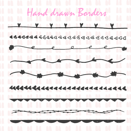Collection of hand drawn ink borders. Cute and unique swirls, dividers for your design. Isolated vector elements. Perfect for valentines day card and wedding invitation.のイラスト素材