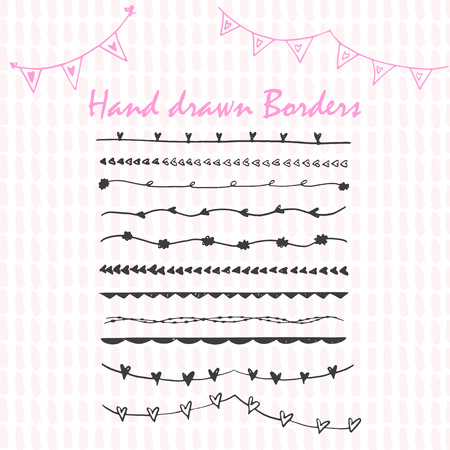 Collection of hand drawn ink borders. Cute and unique swirls, dividers for your design. Isolated vector elements. Perfect for valentines day card and wedding invitation.のイラスト素材