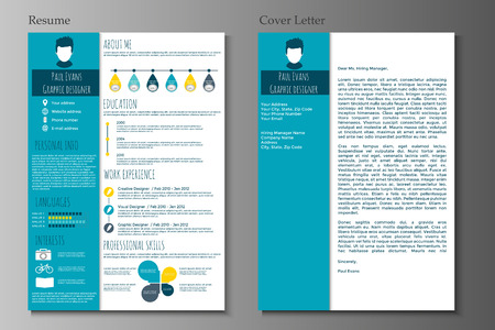 Resume and Cover letter in flat style design on grey background. CV set with Infographics elements. Clean vector.のイラスト素材