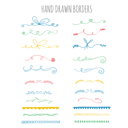 Collection of hand drawn ink borders. Cute and unique swirls, dividers for your design. Isolated vector elements.のイラスト素材