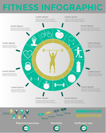 Fitness and wellness infographics template,  bodybuilding, yoga, healthy eating, sport set, lifestyle concept, training, activity charts. Vector illustrationのイラスト素材