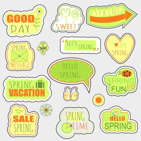 Set of Spring stickers, badges with text, insects and floral elements. Vector illustration.のイラスト素材