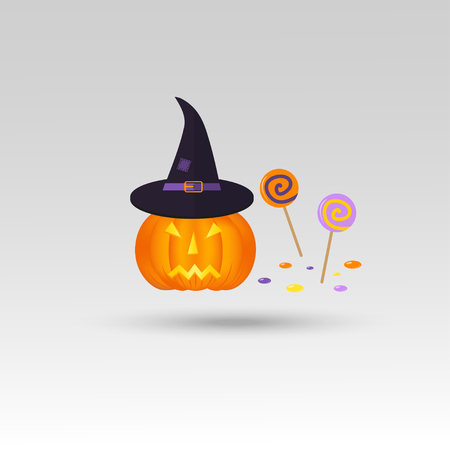Cute vector Halloween pumpkin with hat icon, element, object, logos badge, label for holiday card, invitation and party design.のイラスト素材