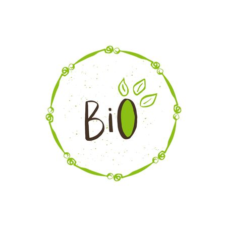 Vector eco, bio green logo or sign. Vegan, raw, healthy food badge, tag for cafe, restaurants, products packaging. Hand drawn plant elements with lettering. Organic design template.のイラスト素材