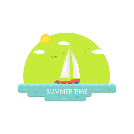Nautical vehicles such as sail boat, ship, vessel, speedboat,  with  buoy, with summer time text.のイラスト素材