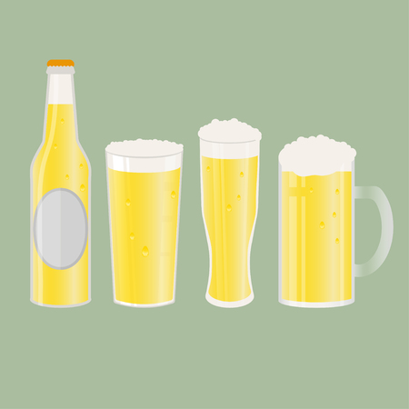 Set of beer bottle, mugs and glasses. Vector icon with alcoholic beverages. Wheat beer, lager, craft beer, ale.のイラスト素材