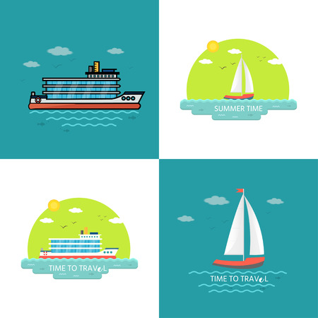 Collection of nautical vehicles: sail boat, ship, vessel, luxury yacht, speedboat. Vector set icons isolated on blue background.のイラスト素材