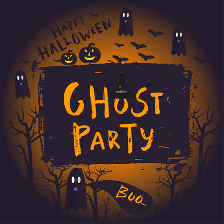 Happy halloween poster design with traditional symbols and hand drawn lettering ghost party. Vector illustration can be used for wallpaper, web page, holiday card, invitation design.のイラスト素材