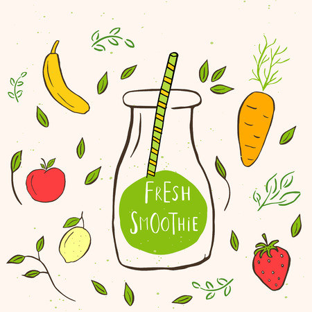 Hand drawn jar with smoothies. Apple, berry, banana, carrot, lemon green detox. Organic fruit shake cocktail . Eco healthy ingredients. Vector illustration for for restaurant, bar, menuのイラスト素材