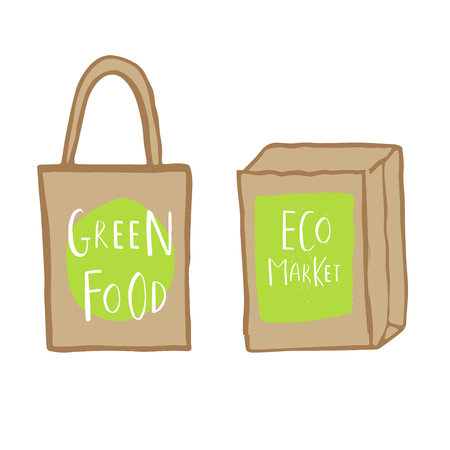 Hand drawn shopping bag with lettering green food and eco market. Fabric, cotton canvas. Vector illustration for for restaurant, bar, menu, shop, grocery.のイラスト素材