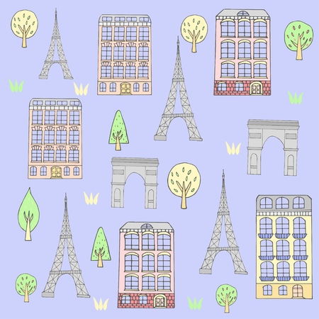 Vector urban pattern with building icons and Eiffel Tower for postcards or web banner.Hand drawn Paris scene, vintage France.のイラスト素材