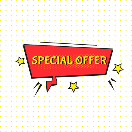Sale comic text speech. Promo bubble phrase on halftone background. Vector offer template for social media website, poster, flyer, email, newsletter, advertisement, promotional material.のイラスト素材