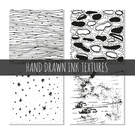 Set of four abstract hand-drawn wave patterns in black and white templateのイラスト素材