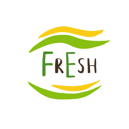Vector eco, bio green logo or sign. Vegan, raw, healthy food badge, tag for cafe, restaurants, products packaging. Hand drawn leaves, branches, plant elements with lettering. Organic design template.のイラスト素材