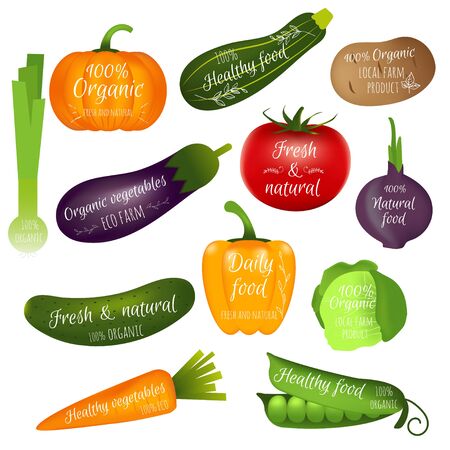Set of vegetables labels with sample text. Collection of realistic icons for groceries, agriculture stores, local market, farm, eco products, packaging and advertising. Vector logo design.のイラスト素材