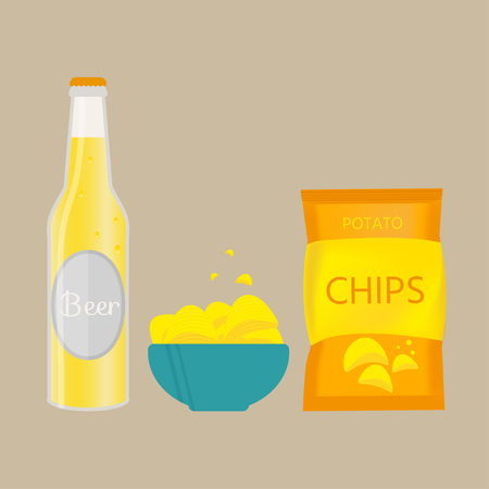 Set of beer bottle, mug and snack made in flat style. Light beer with crispy potato chips.のイラスト素材