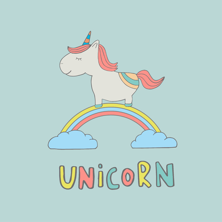 Cute magical unicorn. Sweet kids graphics for t-shirts, baby shower, postcard, poster, banners, scrapbook, sticker, invitation design. Vector illustration with doodle nursery art.のイラスト素材