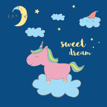 Cute magical unicorn. Sweet kids graphics for t-shirts, baby shower, postcard, poster, banners, scrapbook, sticker, invitation design. Vector illustration with doodle nursery art.のイラスト素材