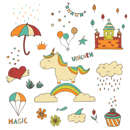 Unicorn patch badges with heart, cake, cloud, castle, rainbow and other symbols. Isolated illustrations - great for  embroidery, badges. Vector stickers for children room, nursery decor, interior design.のイラスト素材