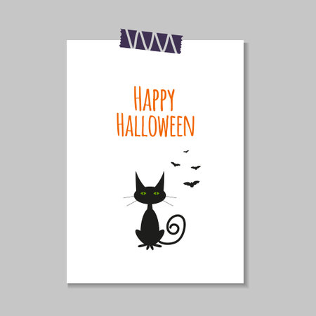 Cute vector Halloween card with  cat, ghost,  bat. Elements, objects for holiday card, invitation and party design.のイラスト素材