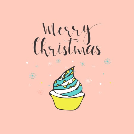 Merry Christmas cute greeting card with cake. Scandinavian style of posters for invitation, children room, nursery decor, interior design.のイラスト素材