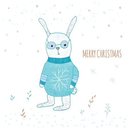 Merry Christmas cute greeting card with hare for present.  Handwritten style, for holiday invitation, book coverのイラスト素材