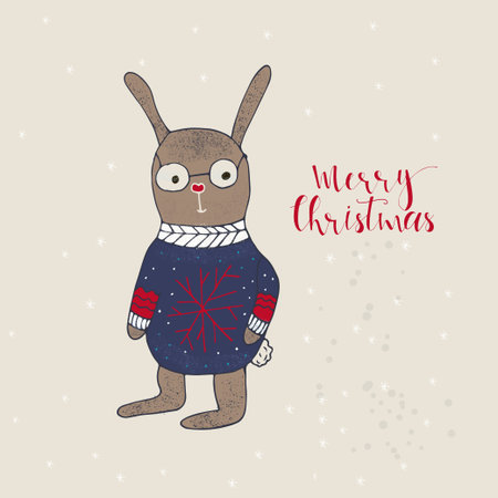 Merry Christmas cute greeting card with hare for present.  Handwritten style, for holiday invitation,  book coverのイラスト素材