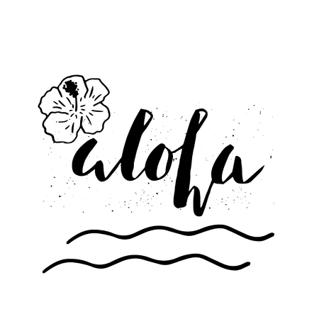 Beautiful summer poster with hand drawn lettering Aloha and flower. Template for sail, tropical vacation, banner, invitation, envelope, background, journal cards.のイラスト素材
