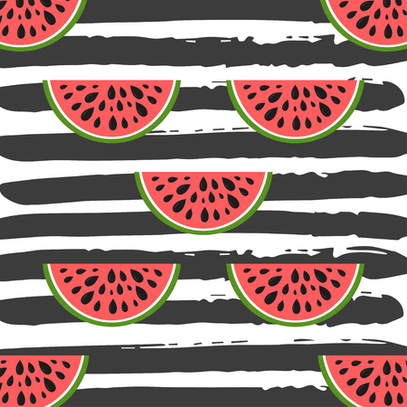 Seamless striped background with watermelon slices. Design for greeting card, summer invitation, trendy fabric, simple ornament, texture template, stylish layout. Vector illustration.のイラスト素材