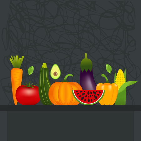 Healthy vegetables such as: carrot, onion, tomato, pepper, eggplant, cucumber, cabbage, pumpkin, marrow watermelon avocado Quality vector illustration about diet eco food veganのイラスト素材