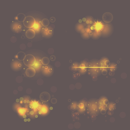 Collection of  shining star,  sun particles and sparks with a highlight effect, golden bokeh lights glitter and sequins isolated on dark background. Vector illustration.のイラスト素材