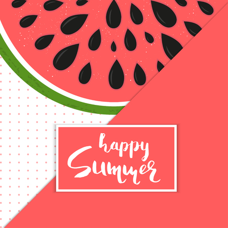 Collection of three bright summer postcard with hand drawn letterind and watermelon slice.. Beautiful poster for print, season invitation, journal card.のイラスト素材