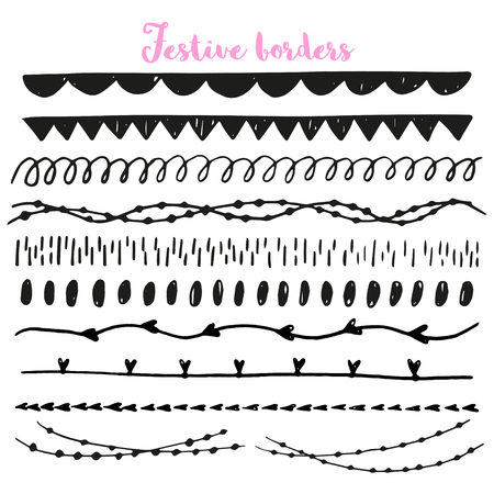Collection of hand drawn ink borders. Stylish and unique swirls, dividers for your design. Isolated vector elements.のイラスト素材