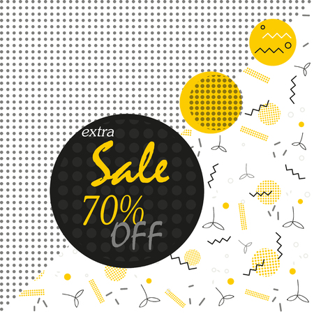 Sale poster with geometric shapes, circles, dots, triangles. Vector background in retro 80s, 90s memphis style.のイラスト素材
