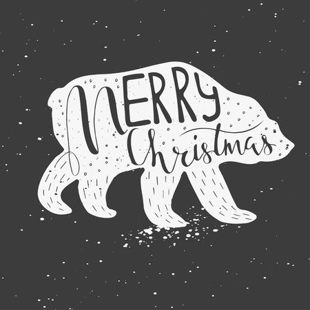 Christmas illustration with handdrawn lettering. Funny polar bear with quote Merry Christmas on snowy background. Cute  illustration for card, poster, t-shirt, banner.のイラスト素材