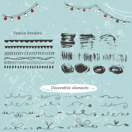Collection of vector calligraphic elements, borders, garlands, flourishes and page decorations, mega set for perfect christmas design. Vector illustration.のイラスト素材