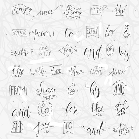 Collection of hand sketched ampersands and catchwords for your design. And, with, for, from, since, the, to,by. Decorative elements. Retro elements with swirls. Hand drawn lettering.のイラスト素材
