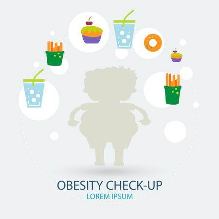 Vector icons in flat design. Concept of obesity, junk food and health with elements for mobile concepts and web apps. Modern infographic logo and pictogram.のイラスト素材