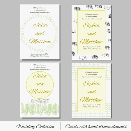 Unique set of wedding invitation cards with hand drawn elements. Rsvp and thank you card for bridal design. Vector postcard with dots and strings decoration.のイラスト素材
