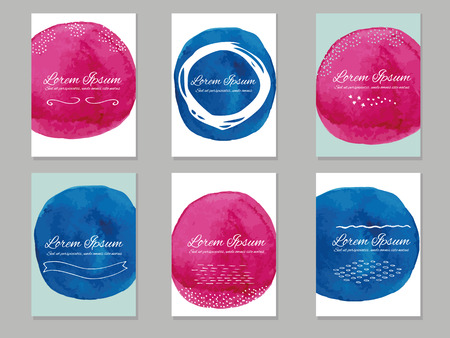 Six vector business cards template with hand painted brush circles.  Easy editable template. Space for text. Abstract pink and blue watercolor splashesのイラスト素材
