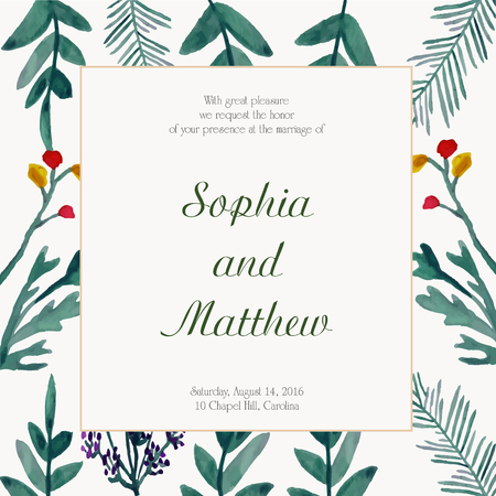 Good-looking wedding card design with hand painted watercolor flower. Artistic floral summer or spring bridal design. Save the date.のイラスト素材